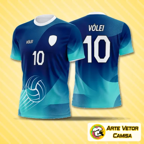 Camisa de vôlei com logo no peito e estampa grande nas costas, apresentando design moderno e cores vibrantes, ideal para times que buscam identidade visual marcante em quadra.