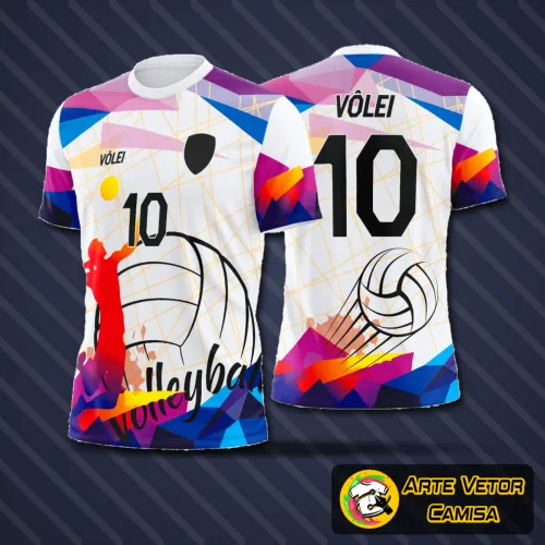 Camisa de vôlei com logo no peito e estampa grande nas costas, exibindo design moderno e cores vibrantes, perfeita para destacar a equipe em quadra com visual marcante e atual.