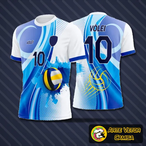 Camisa de vôlei com logo no peito destacado e estampa grande nas costas mostrando design moderno e elegante, ideal para quem busca estilo e performance nas quadras.