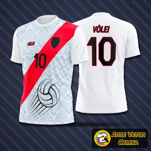 Camisa de vôlei com logo no peito e estampa grande nas costas exibindo um design moderno e vibrante, perfeita para destacar nas quadras ou eventos esportivos.