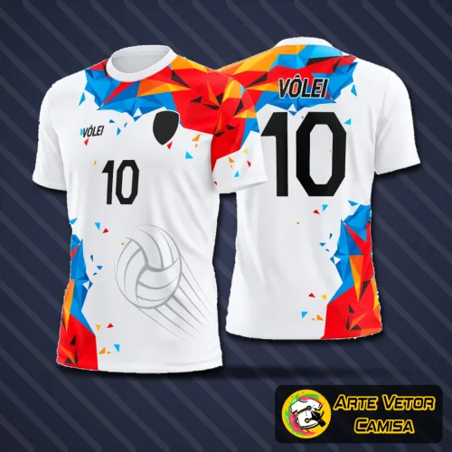 Camiseta de vôlei com destaque para o logo no peito e estampa grande nas costas exibindo design moderno em combinação harmoniosa de cores vibrantes e formas geométricas arrojadas.