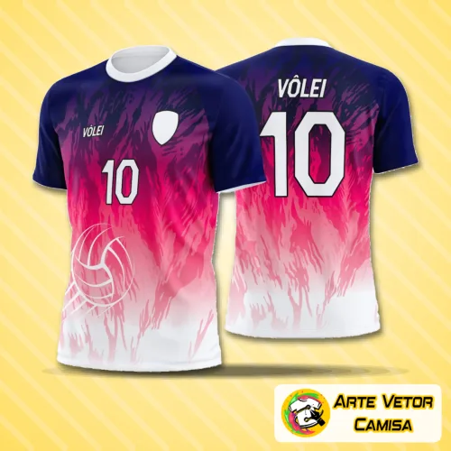 Camisa de vôlei com logo no peito destacado e estampa grande nas costas exibindo design moderno e vibrante, ideal para equipes que buscam estilo e personalidade em uniformes esportivos.