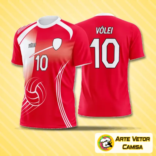 Camisa de vôlei com logo no peito e estampa grande nas costas, exibindo um visual moderno, cores vibrantes e estilo esportivo ideal para jogos e treinos