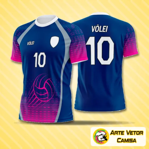 Camiseta de vôlei com logo no peito e estampa grande nas costas exibindo design moderno e vibrante, perfeita para quem busca estilo e personalidade nas quadras.