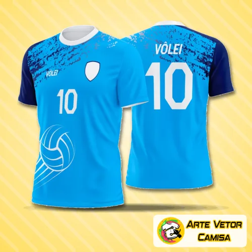 Camisa de vôlei mostrada com logo no peito e estampa grande nas costas, exibindo design moderno e cores vibrantes, ideal para times que buscam estilo e destaque em quadra.