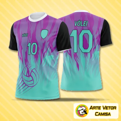 Camisa de vôlei com logo no peito e estampa grande nas costas, design moderno e atrativo perfeito para quem busca estilo e personalidade em uniforme esportivo.