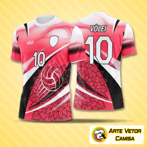 Camisa de vôlei com logo no peito e estampa grande nas costas, exibindo cores vibrantes e design moderno que destaca a personalidade do time e oferece visual arrojado para jogos e treinos.