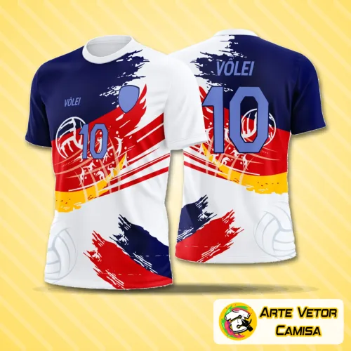 Camiseta de vôlei com logo no peito e estampa grande nas costas, apresentando design moderno e estilizado com cores vibrantes e detalhes dinâmicos, ideal para quem valoriza originalidade e estilo nas quadras.