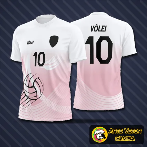 Imagem de camisa de vôlei com logo no peito e estampa grande nas costas, mostrando design moderno e cores vibrantes para destaque em quadra.