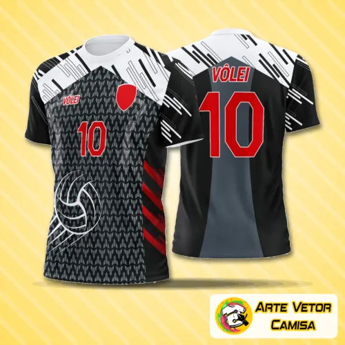 Camiseta de vôlei com logo no peito e estampa grande nas costas, apresentando design moderno e detalhes vibrantes que destacam o visual esportivo com elegância e personalidade.