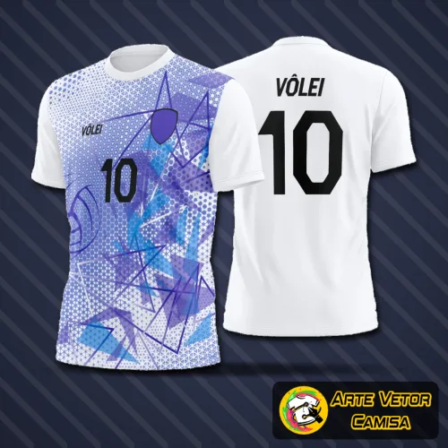 Camisa de vôlei com logo no peito delicado e estampa grande impactante nas costas, combinando cores modernas e estilo esportivo para máxima visibilidade e identidade em quadra.