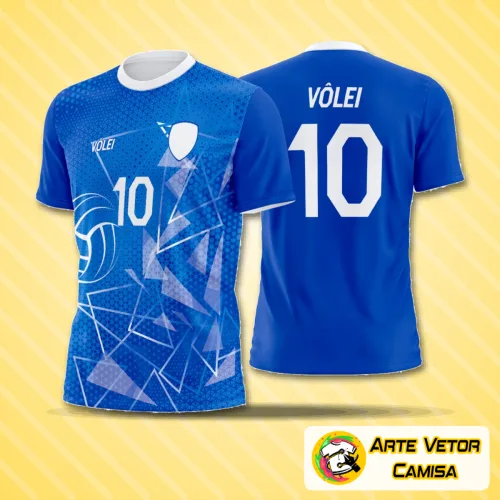 Camisa de vôlei com logo no peito e estampa grande nas costas em design moderno, destacando cores vibrantes e um estilo dinâmico para uso esportivo e casual.