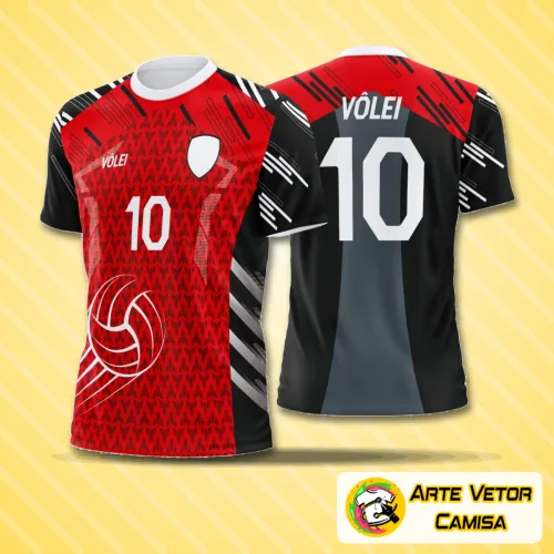 Camisa de vôlei com logo no peito e estampa grande nas costas, design moderno e vibrante que destaca o estilo único de quem joga com paixão e qualidade em quadra.