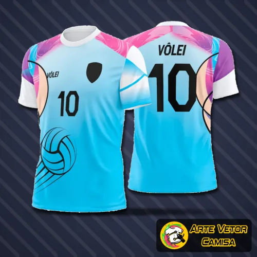 Camisa de vôlei com logo no peito e estampa grande nas costas, apresentando cores vibrantes e design moderno que destaca o estilo esportivo e dinâmico do time em ação.
