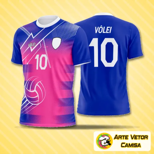 Camiseta de vôlei com logo no peito e estampa grande nas costas em estilo moderno, exibindo cores vibrantes e design atraente, perfeita para equipes que buscam visual impactante e único.