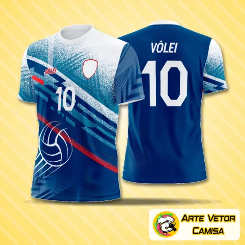 Camisa de vôlei com logo no peito e estampa grande nas costas, design moderno e marcante ideal para times que buscam estilo e personalidade em cada jogo.