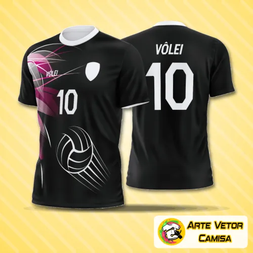Camisa de vôlei com logo no peito e estampa grande nas costas, exibindo um design moderno e arrojado que transmite dinamismo e estilo nas quadras.