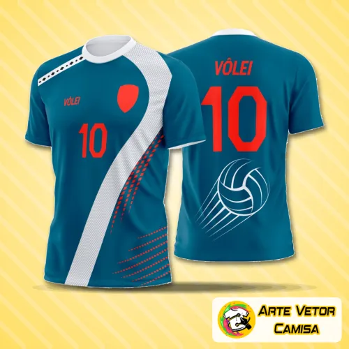 Camiseta de vôlei com logo no peito e estampa grande nas costas mostrando design moderno e arrojado, ideal para times que buscam estilo e conforto em seus uniformes.