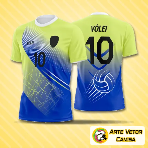 Camisa de vôlei com logo no peito e estampa grande nas costas, exibindo um design moderno e estilizado, perfeito para destacar a equipe durante o jogo e com combinação harmoniosa de cores vibrantes.