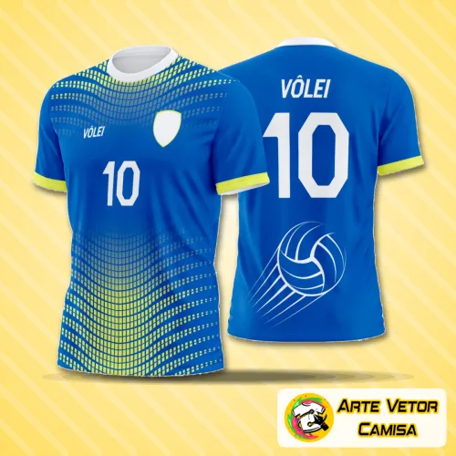 Camisa de vôlei com logo no peito e estampa grande nas costas em design moderno e atrativo, destacando cores vibrantes e detalhes que valorizam a uniformidade esportiva.