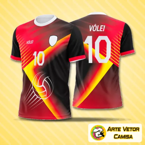 Camisa de vôlei com logo no peito e estampa grande nas costas, apresentando um design moderno e dinâmico que destaca a identidade esportiva com cores vibrantes e formas arrojadas.