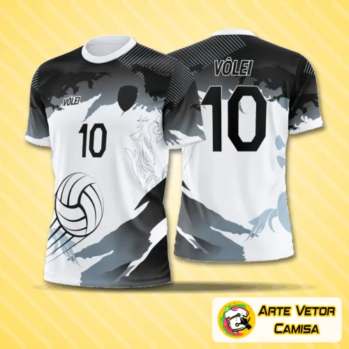 Camisa de vôlei com logo no peito e estampa grande nas costas em design moderno e arrojado, ideal para times que buscam estilo e identidade visual marcante durante as partidas.