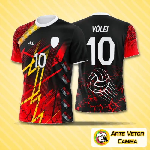 Camisa de vôlei com logo no peito e estampa grande nas costas, destacando um design moderno e vibrante ideal para times e torcedores que buscam um visual único na quadra.