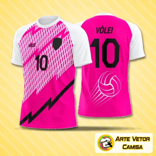 Camisa de vôlei com logo no peito e estampa grande nas costas exibindo design moderno e esportivo, ideal para times que querem destaque e estilo nas quadras.