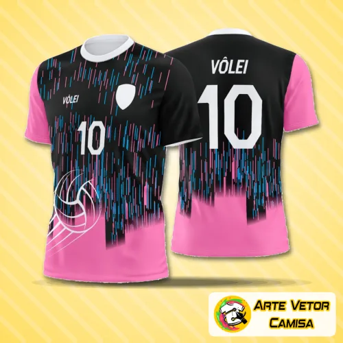 Camiseta de vôlei com logo no peito e estampa grande nas costas, apresentando design moderno e dinâmico que destaca o estilo esportivo em cores vibrantes e linhas arrojadas.