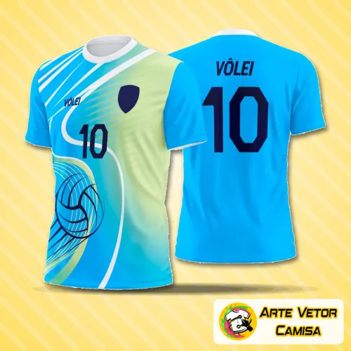 Camisa de vôlei com logo no peito e estampa grande nas costas, em design moderno e cores vibrantes, perfeito para destaque em quadra e estilo único durante os jogos.