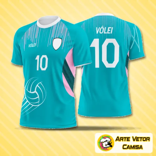 Camisa de vôlei com logo no peito e estampa grande nas costas em design moderno, cores vibrantes e visual impactante, perfeita para destacar sua equipe em quadra.