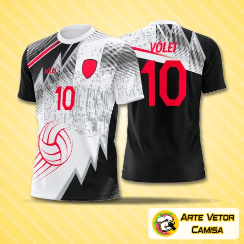 Camiseta de vôlei com logo no peito e estampa grande nas costas, destacando um design moderno e dinâmico ideal para equipes esportivas, com cores vibrantes e acabamento detalhado.