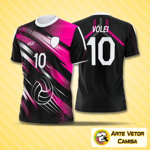 Camisa de vôlei com logo no peito e estampa grande nas costas em design moderno e vibrante, perfeita para destacar sua equipe com estilo e personalidade marcantes.