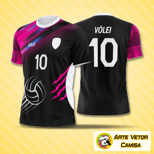 Camiseta de vôlei com logo no peito destacado e estampa grande nas costas, combinando estilo moderno e esportivo em cores vibrantes para uma aparência única e dinâmica