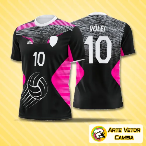 Camisa de vôlei com logo no peito e estampa grande nas costas, design moderno e arrojado com combinação de cores vibrantes, ideal para times ou amantes do esporte