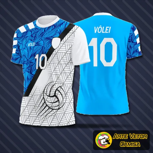 Camiseta de vôlei com logo no peito e estampa grande nas costas, destacando cores vibrantes e design moderno ideal para jogos e treinamentos.