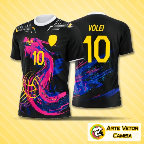 Camiseta de vôlei com logo no peito destacado e estampa grande nas costas com design moderno e sofisticado, perfeita para evidenciar o estilo único em quadra ou no dia a dia.