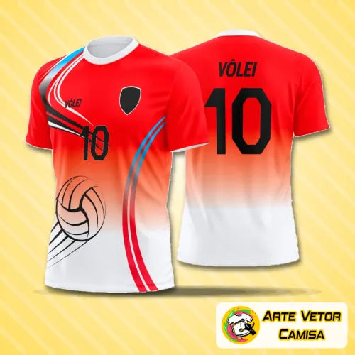 Camisa de vôlei com logo no peito e estampa grande nas costas, destacando design moderno e cores vibrantes, ideal para quem busca estilo e conforto na quadra e no dia a dia.