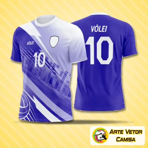 Camisa de vôlei com logo no peito e estampa grande nas costas em design moderno e arrojado, ideal para times que buscam identidade visual marcante e elegante na prática do esporte.