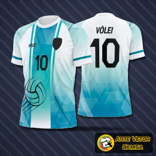 Camiseta de vôlei com logo no peito e estampa grande estilizada nas costas, apresentando design moderno e elegante ideal para times e eventos esportivos.
