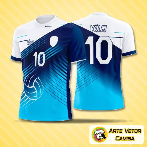 Camiseta de vôlei com logo no peito e estampa grande nas costas, exibindo design moderno e cores vibrantes, perfeita para destacar sua equipe em quadra com estilo atual e visual marcante.