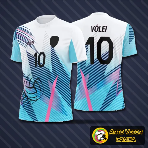 Camiseta de vôlei com logo no peito e estampa grande nas costas em design moderno e esportivo, ideal para atletas que buscam estilo e performance em quadra.