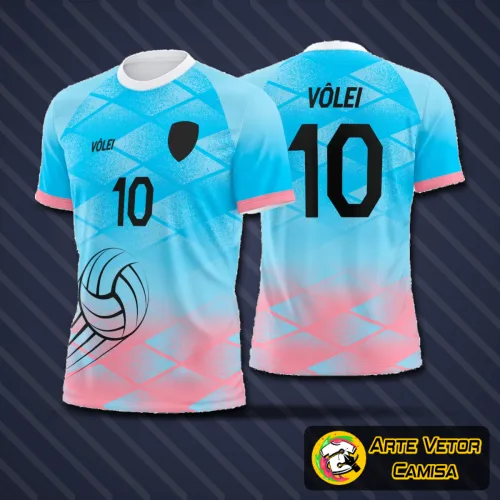 Camiseta final de voleibol com logo no peito e estampa grande nas costas, apresentando design moderno e vibrante ideal para times e fãs do esporte.