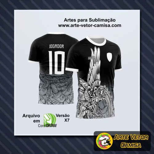 Imagem da camiseta com logo no peito e estampa grande nas costas, projetada para eventos interclasse com design moderno e atraente, destacando identidade e união da turma.