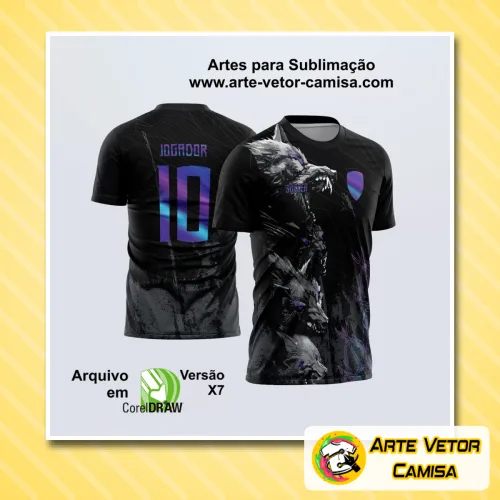 Camisa com logo no peito e estampa grande nas costas em design moderno e vibrante, destacando identidade interclasse com cores marcantes e estilo único para torneios e eventos escolares.