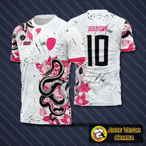 Camisa com logo no peito bem visível e estampa grande nas costas que destaca o estilo dinâmico e moderno da equipe, ideal para eventos escolares ou confraternizações esportivas.