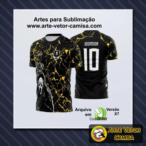 Camisa com logo no peito destacado e estampa grande nas costas mostrando design exclusivo para competições interclasses, perfeita para criar uniformes personalizados com estilo marcante e visual impactante.