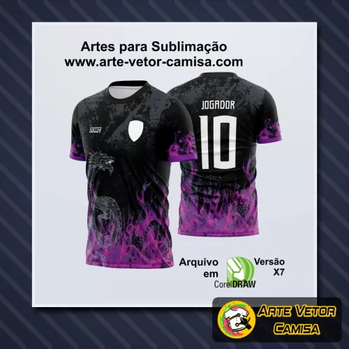 Camisa apresentando logo no peito e estampa grande nas costas com design marcante e cores vibrantes, ideal para eventos interclasse e oportunidades esportivas.