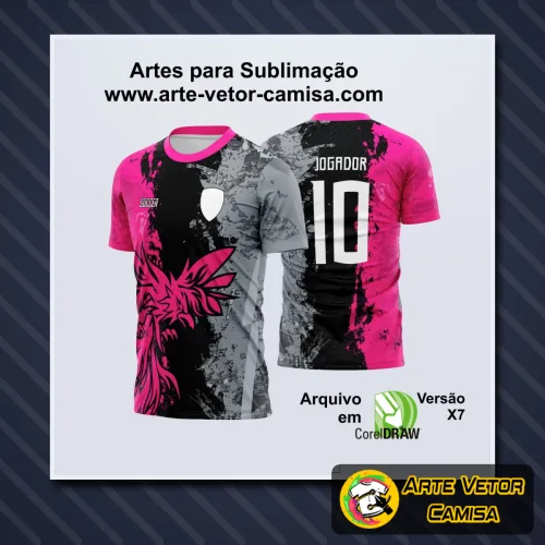Camisa com logo no peito visível e estampa grande nas costas apresentando design vibrante e moderno, destacando estilo único para eventos e confraternizações escolares.