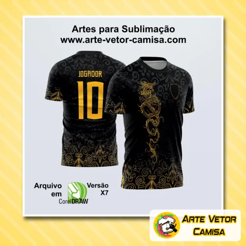 Imagem de uma camisa com logo no peito e estampa grande nas costas, combinando design moderno e cores vibrantes, ideal para criar uma peça única para eventos escolares e festas interclasses.